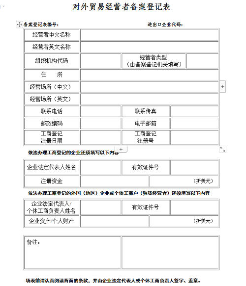 对外贸易经营者备案登记表